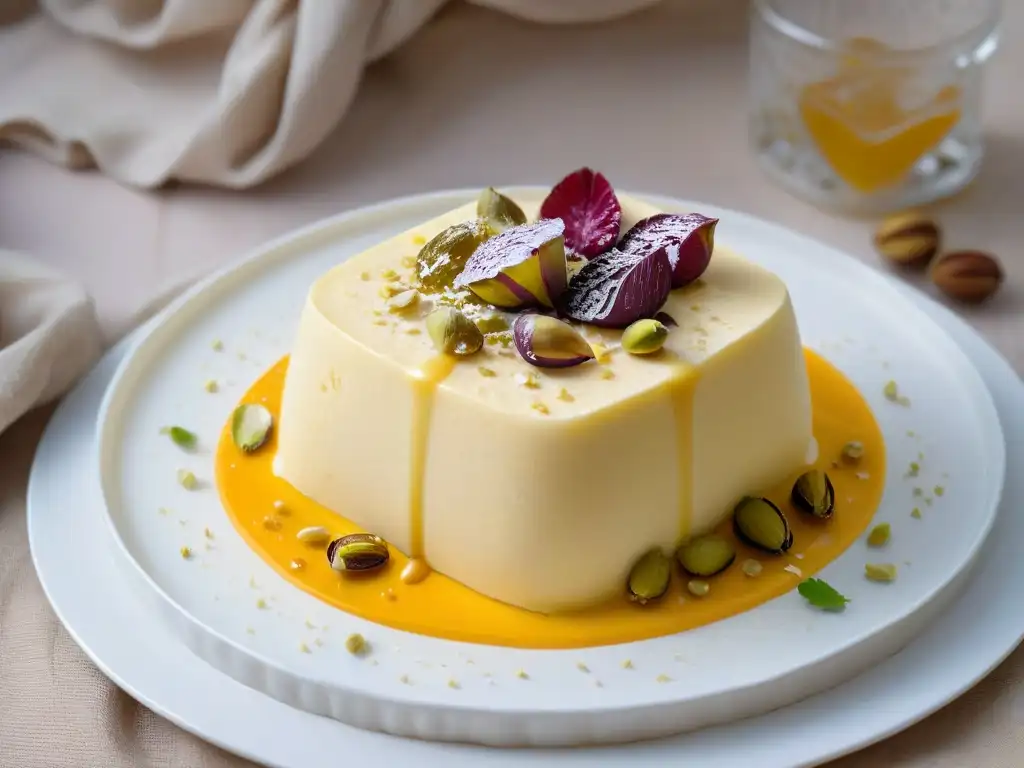 Delicioso helado kulfi casero con pistachos, azafrán y sirope de rosas en plato blanco