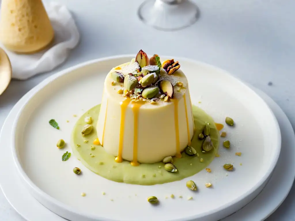 Delicioso helado kulfi casero con pistachos y sirope de azafrán, presentado elegantemente en una tabla de mármol con una cuchara de plata a un lado