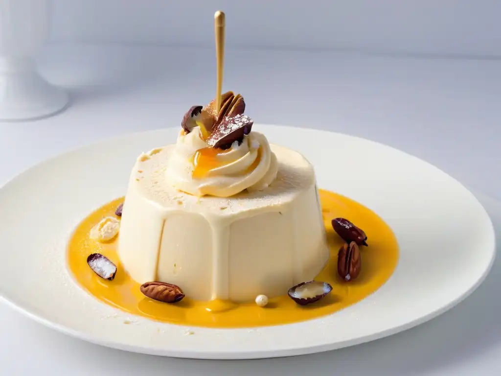 Delicioso helado casero de turrón con miel y nueces en elegante plato blanco