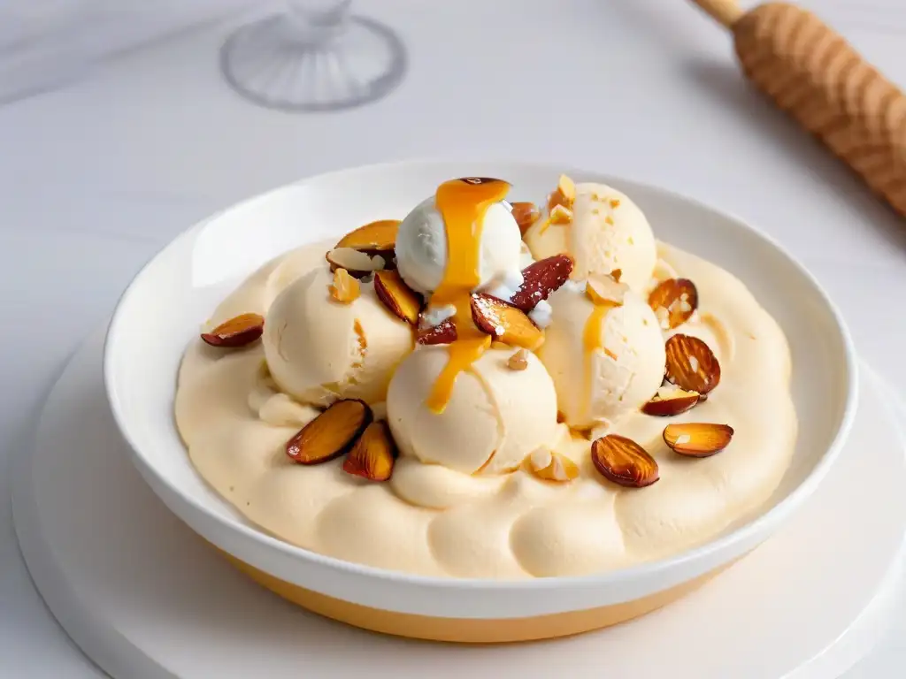 Delicioso helado casero de turrón con almendras y miel en un elegante bol blanco