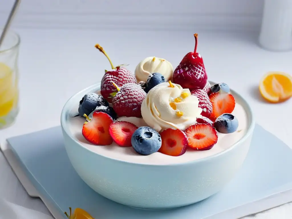 Delicioso helado casero de yogur con frutas: cremoso, colorido y tentador en un elegante bol moderno