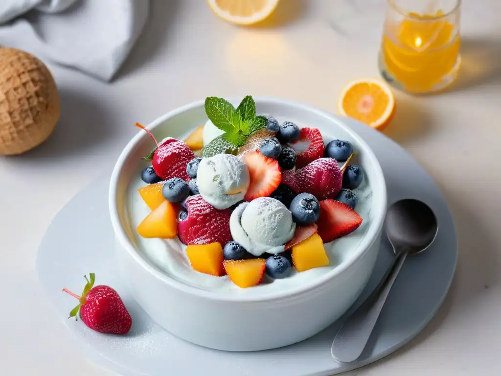 Delicioso helado casero de yogur y frutas con bayas frescas y trozos de frutas tropicales en un elegante tazón blanco sobre encimera de mármol