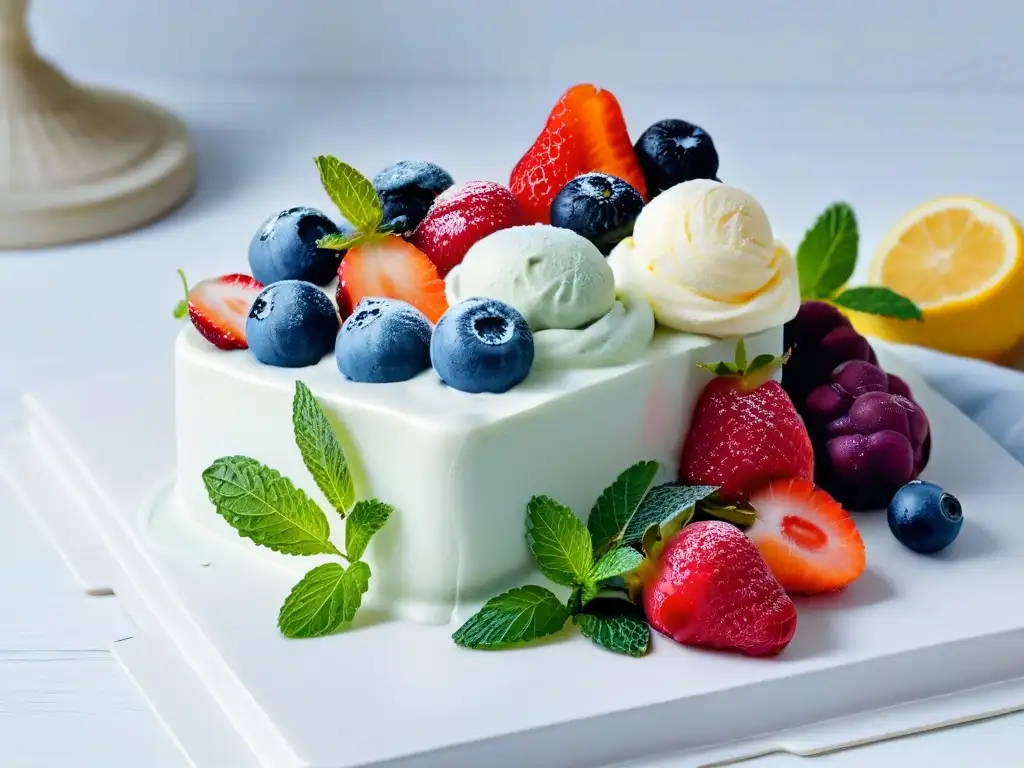 Delicioso helado casero de yogur y frutas en mármol con bayas y hojas de menta