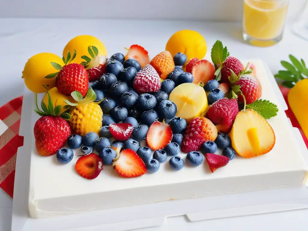 Delicioso helado casero de yogur con frutas frescas en mármol blanco