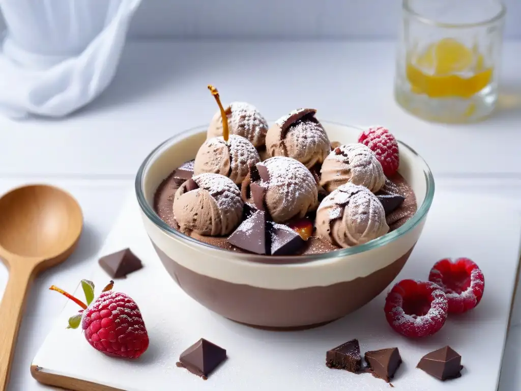 Delicioso helado de chocolate con frambuesas y nueces en bol de postre moderno