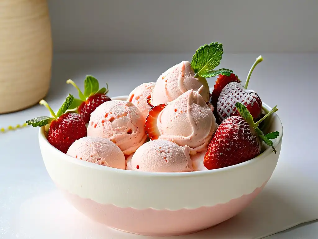 Delicioso helado de fresa casero en un elegante tazón blanco