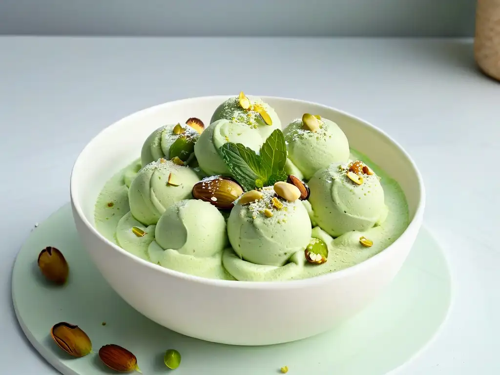 Delicioso helado de matcha con pistachos y menta en un bol blanco