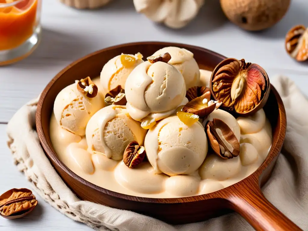 Delicioso helado de membrillo y nueces en cuchara de madera rústica, perfecto para otoño