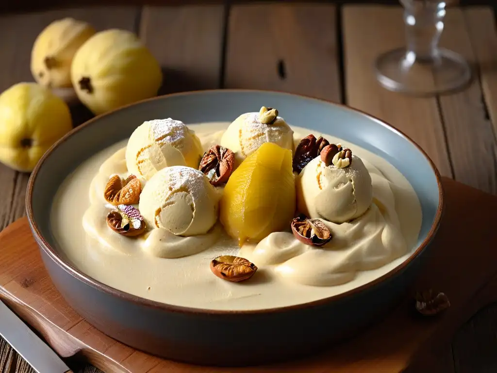 Delicioso helado de membrillo y nueces en otoño, con una presentación serena y minimalista