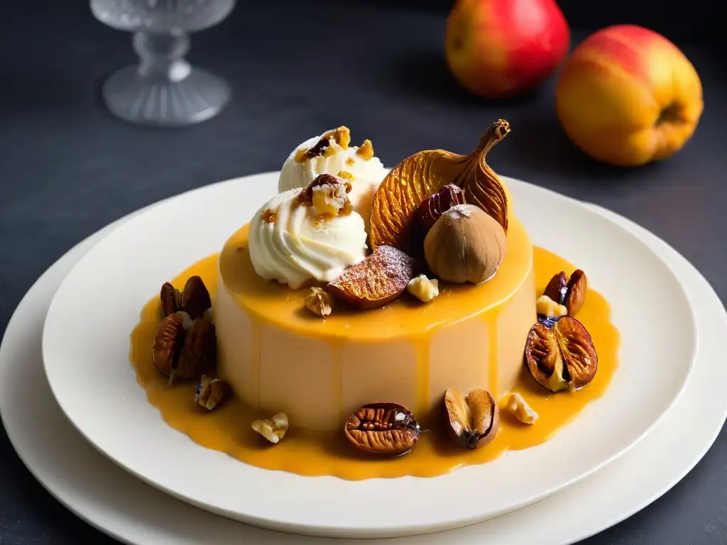 Delicioso helado de membrillo y nueces otoñal, decorado con elegancia sobre granito negro