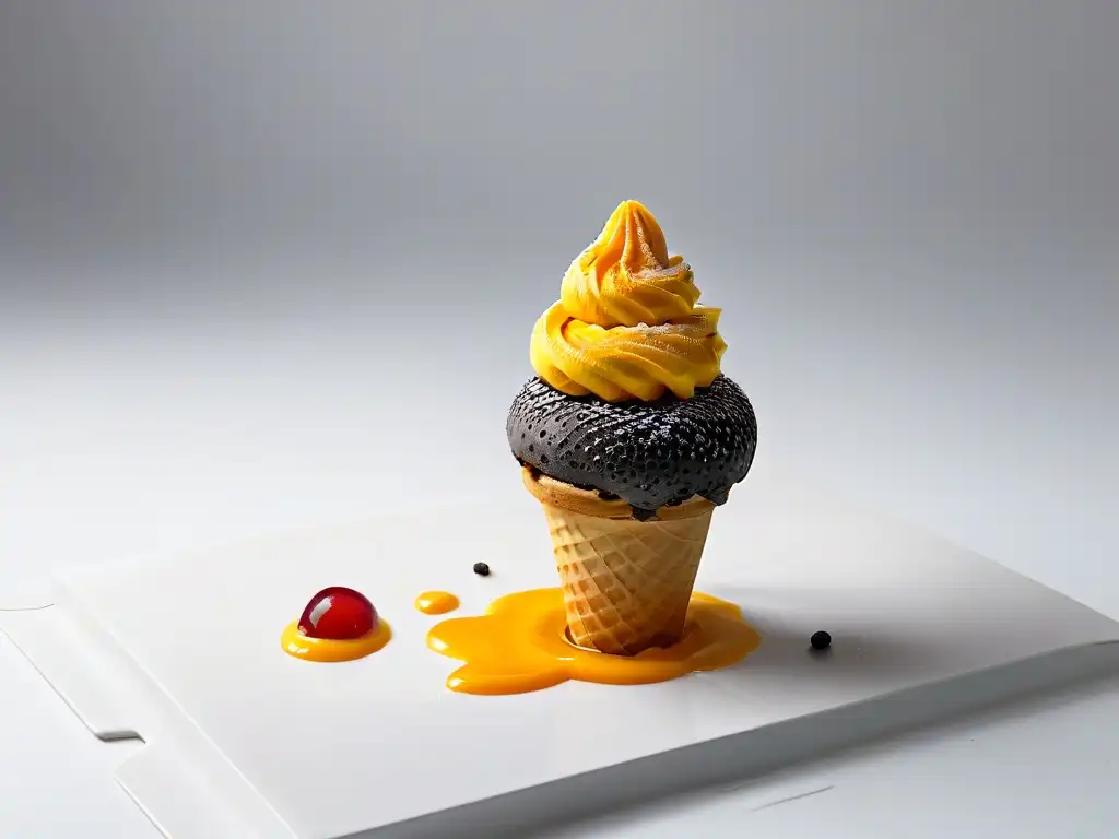 Delicioso helado de sésamo negro con coulis de maracuyá vibrante, sobre fondo blanco