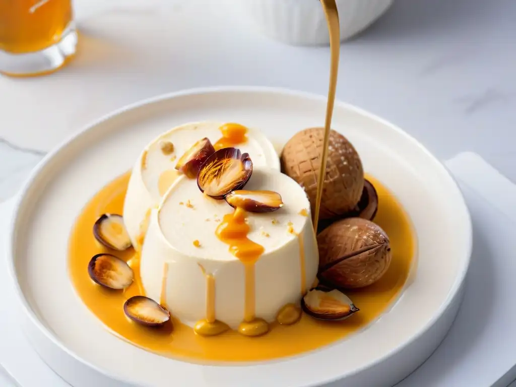 Delicioso helado de turrón casero con almendras y miel sobre mármol blanco