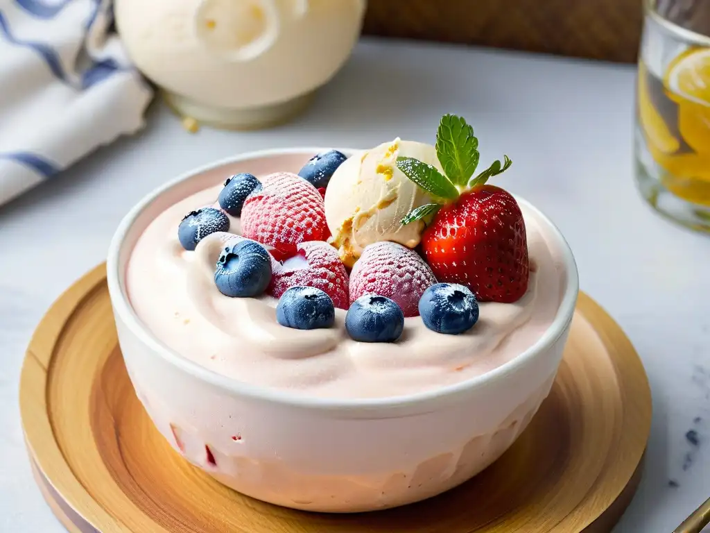 Delicioso helado vegano casero: cremoso helado de fresa con arándanos, sirope de agave y menta en un elegante recipiente de vidrio