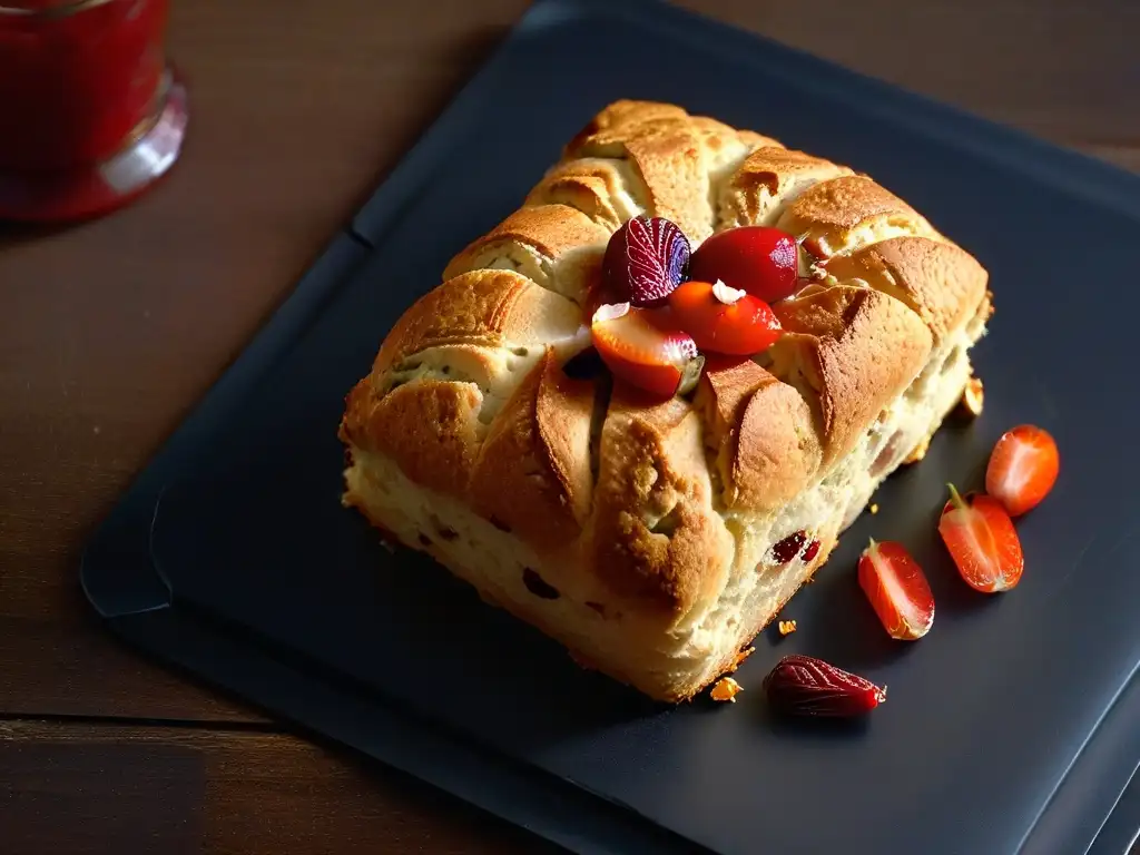 Delicioso scone recién horneado con goji berries y almendras, resaltando los beneficios y usos de goji berries en repostería