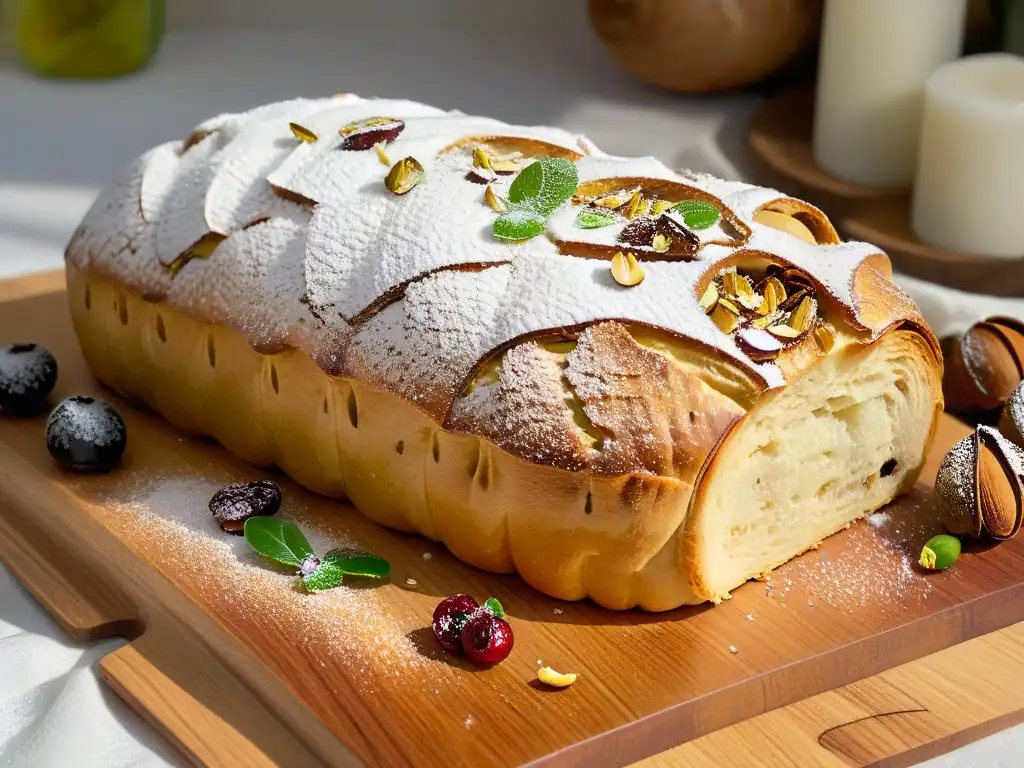 Un delicioso Stollen recién horneado con marzipán, pistachos, arándanos y almendras, sobre tabla de madera