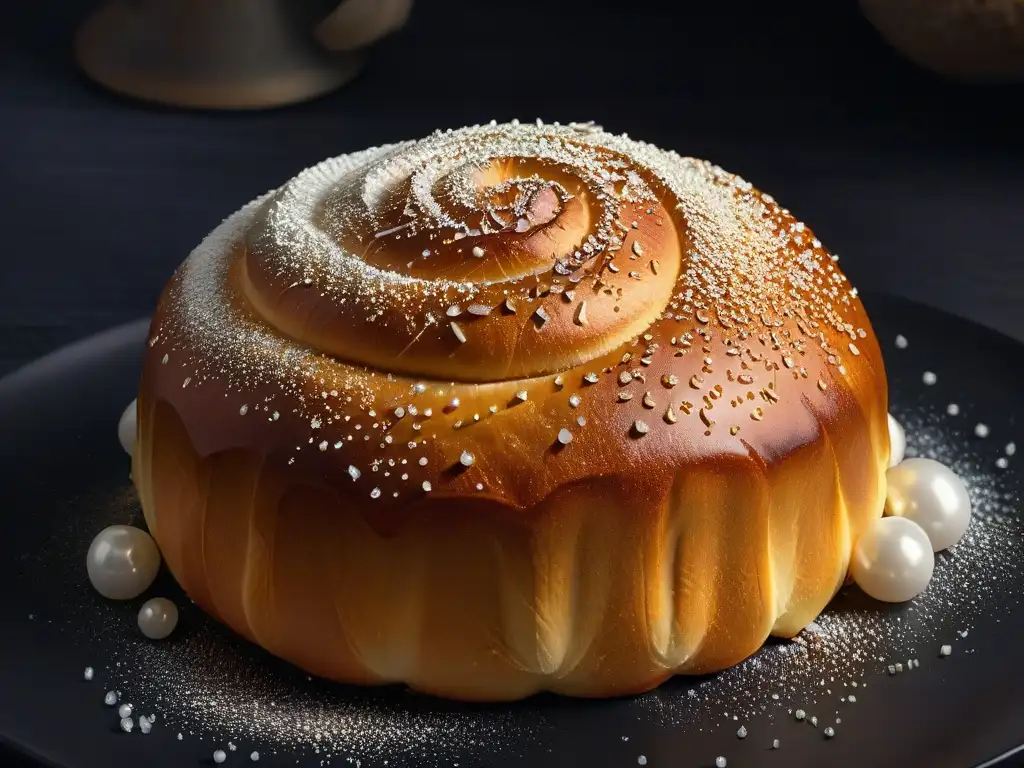 Delicioso brioche recién horneado con azúcar perlado, sobre fondo negro mate