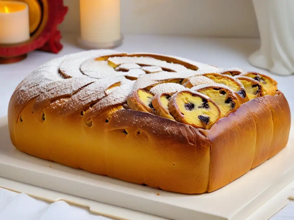 Delicioso Stollen recién horneado con azúcar glas, marzipán y frutas confitadas