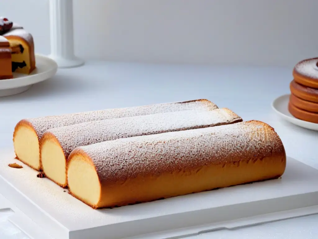 Un delicioso kürtőskalács recién horneado, girando en un plato blanco