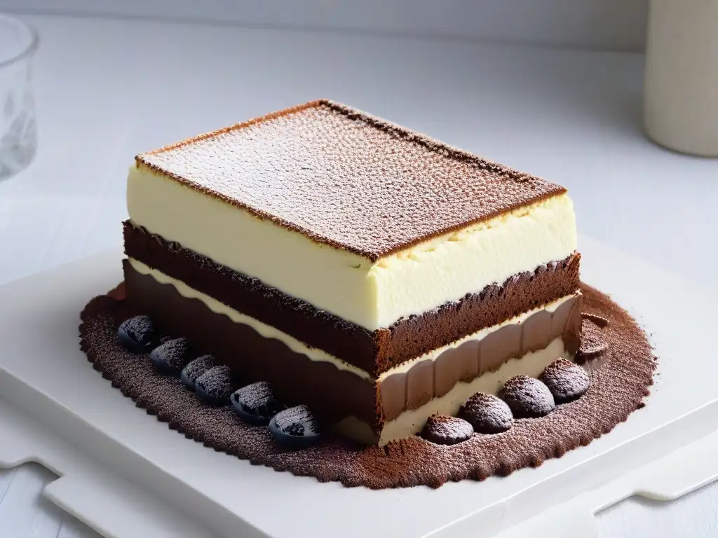 Delicioso tiramisú sin huevo: capas de crema y bizcocho de café, espolvoreado con cacao, en un plato blanco