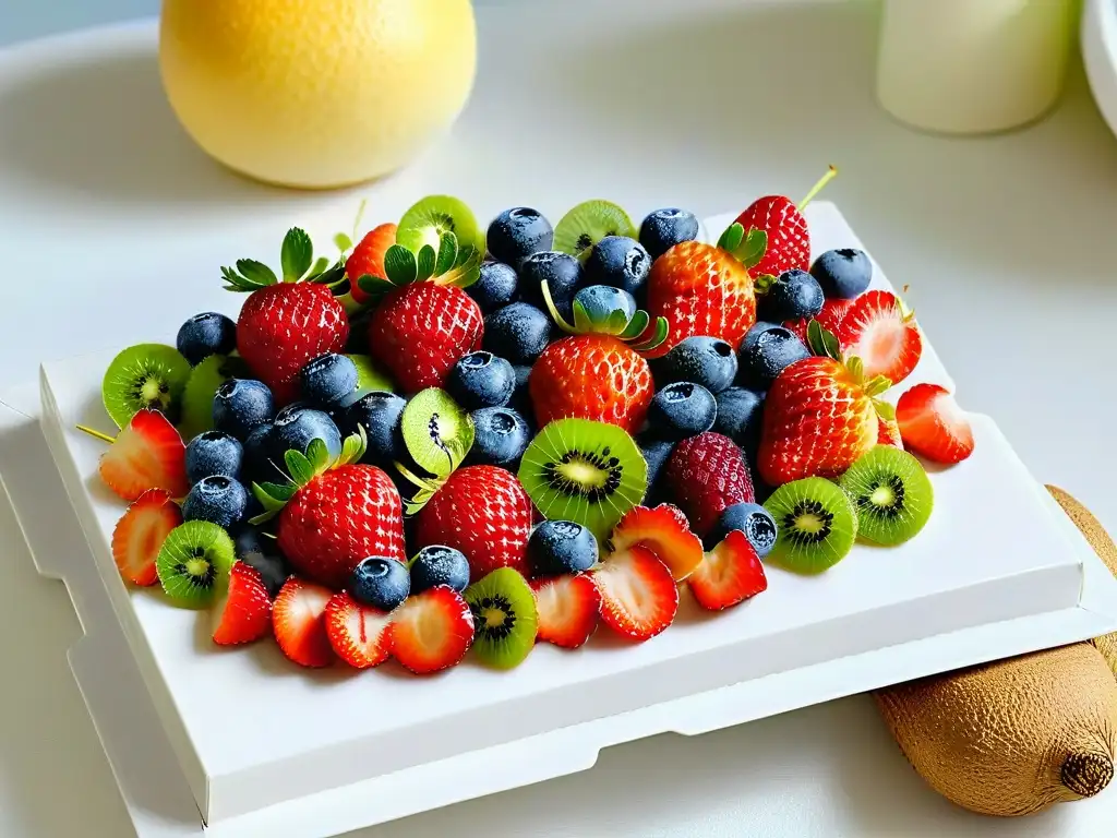 Delicioso impacto de colores y frescura en postres saludables con fresas, arándanos, frambuesas y kiwi en un plato blanco