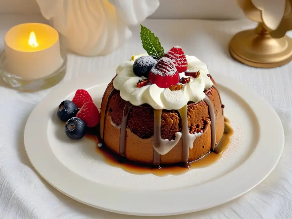 Delicioso budín inglés decorado con crema batida, canela y bayas frescas en plato blanco