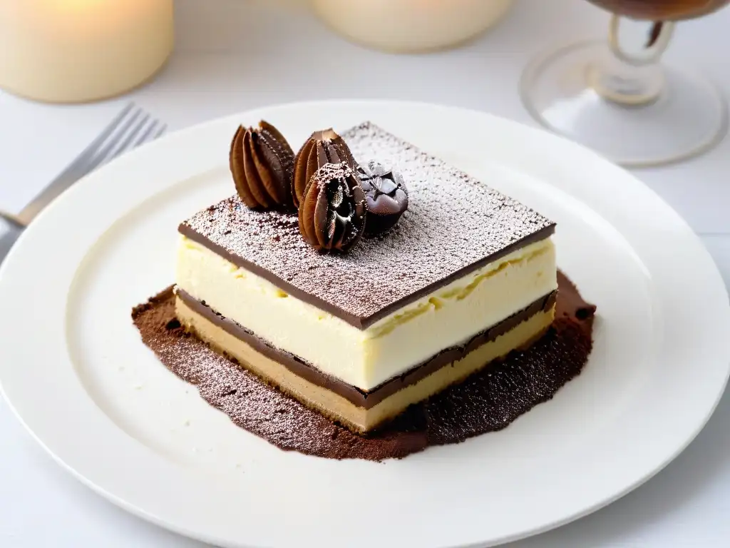 Delicioso tiramisú italiano con mascarpone, bizcochos de café y cacao, en presentación elegante en plato blanco