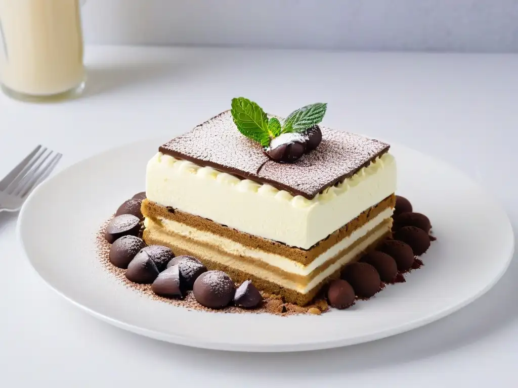 Delicioso tiramisú italiano en plato blanco, decorado con cacao, café y menta fresca