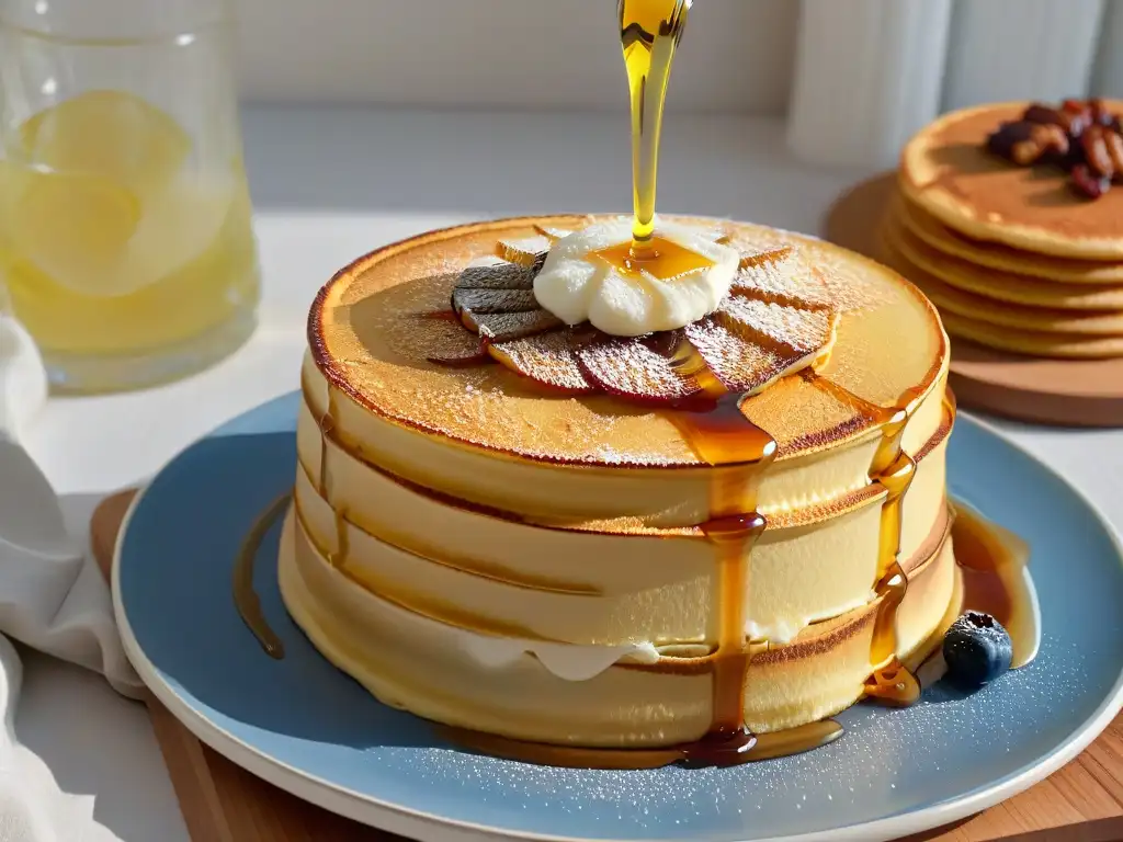 Delicioso jarabe de arce bañando esponjosas pancakes en un desayuno de lujo