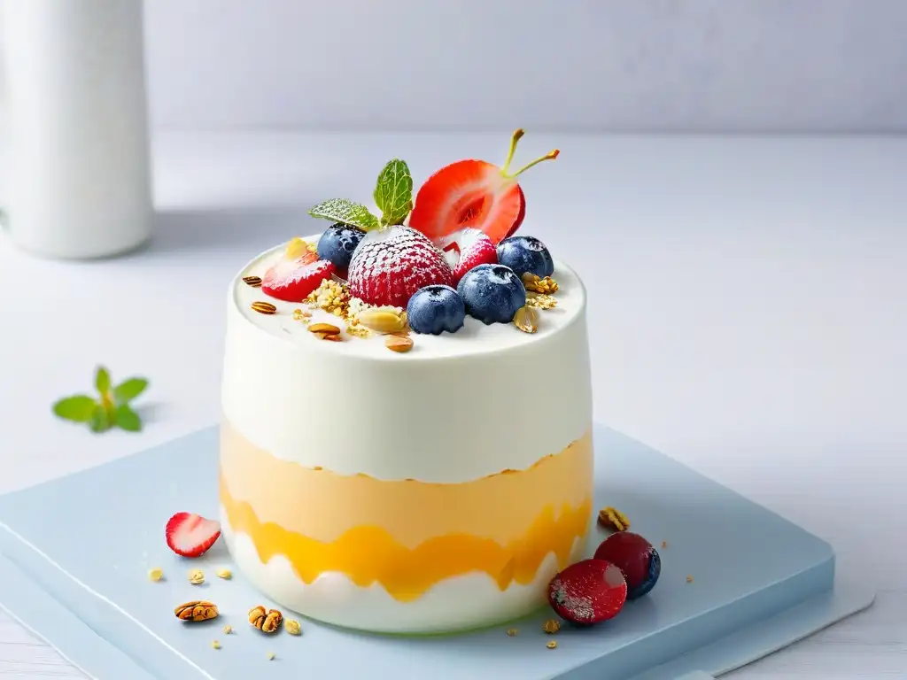 Delicioso kéfir parfait con frutas y miel, decorado con chía y menta