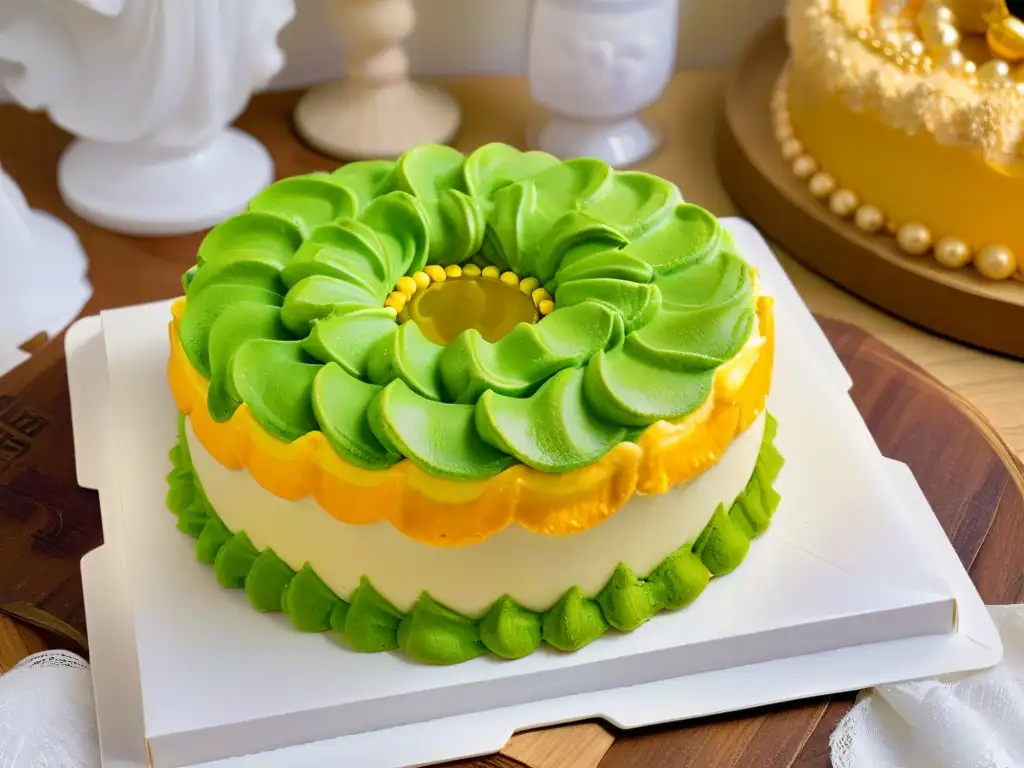 Un delicioso King Cake, con capas de masa esponjosa y colores vibrantes, inspirado en Mardi Gras