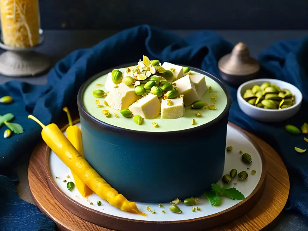 Delicioso kulfi casero en olla de cobre india, decorado con pistachos y azafrán sobre mármol, rodeado de ingredientes