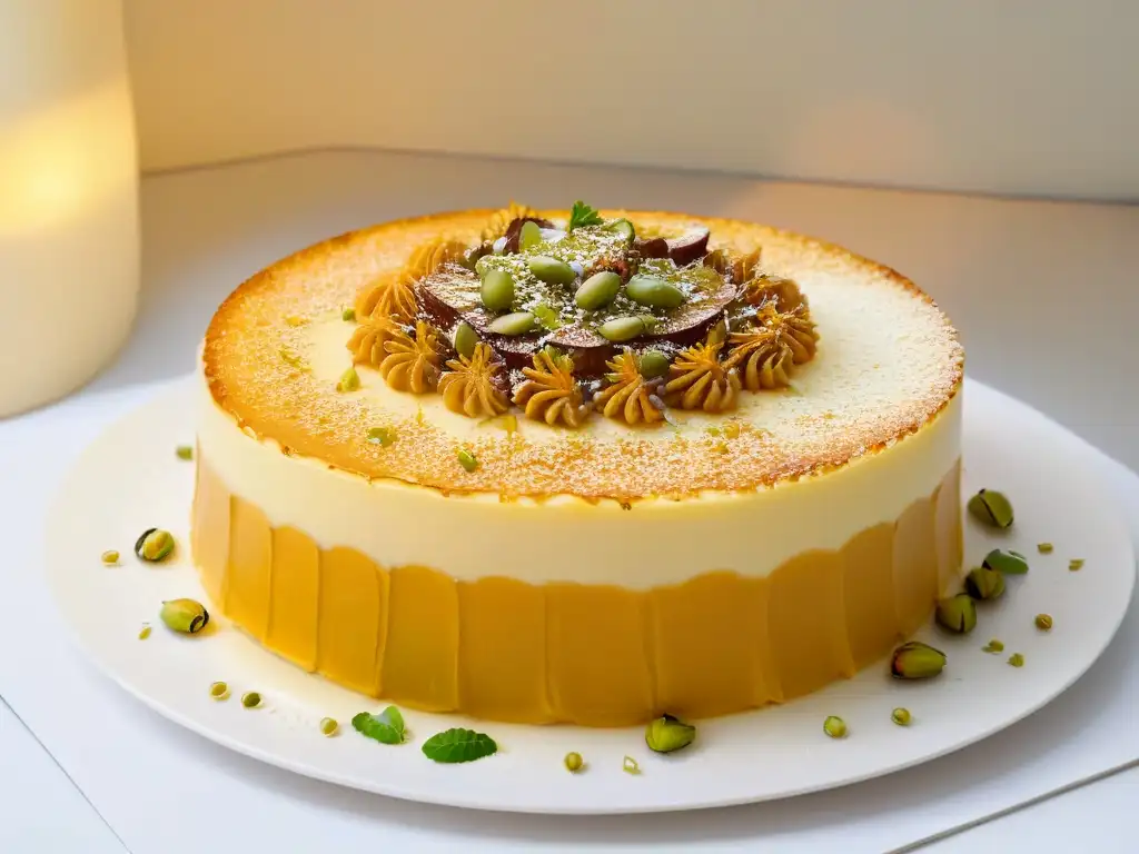 Delicioso Kunafa con capas doradas y relleno de queso, pistachos triturados y almíbar