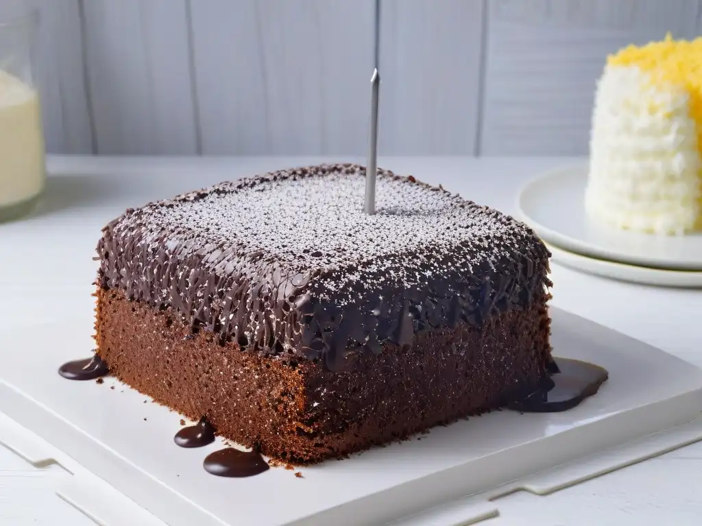 Delicioso Lamington recién horneado con chocolate y coco Un delicioso Lamington casero recubierto de chocolate y coco en un plato blanco impecable