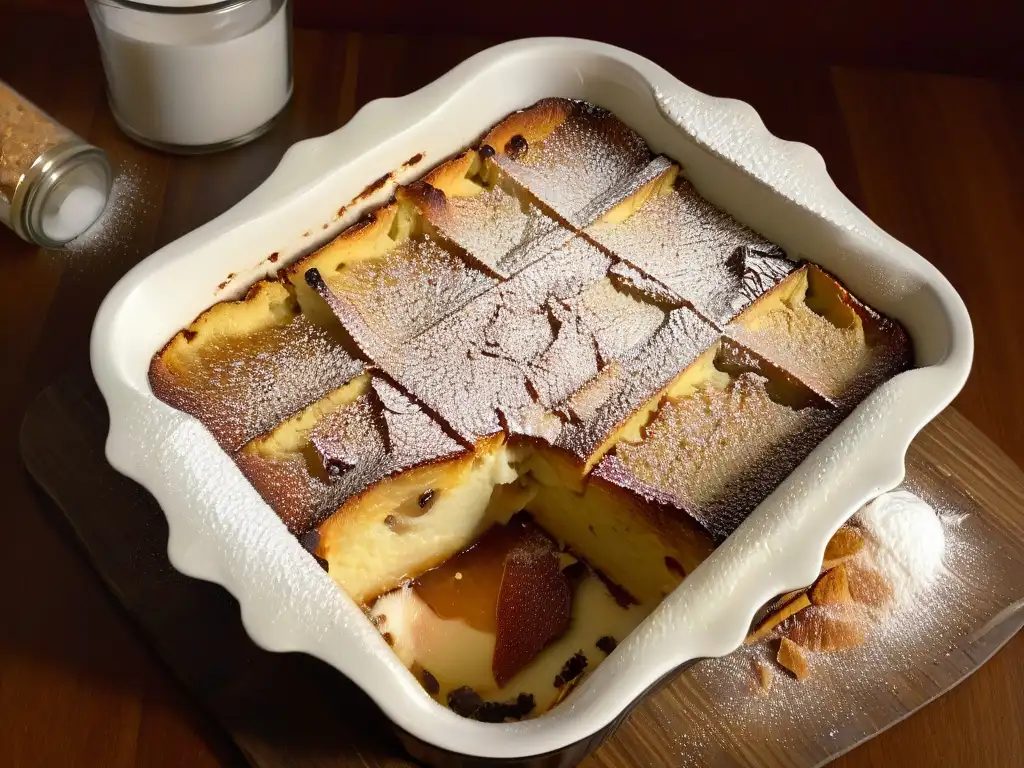 Delicioso budín pan latinoamericano recién horneado, con azúcar glas y vapor aromático, en mesa rústica