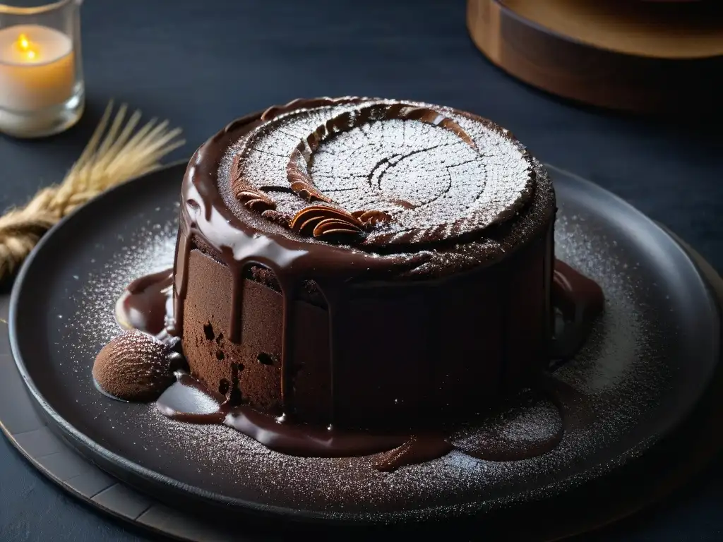 Delicioso lava cake de chocolate con pizca de sal marina, en plato blanco sobre fondo negro