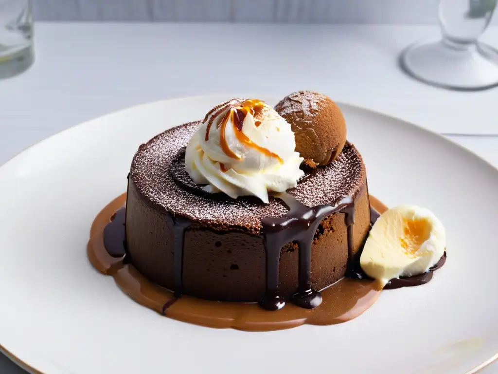 Delicioso lava cake de chocolate con helado de vainilla y salsa de caramelo, resaltando los Ingredientes de Comercio Justo en repostería