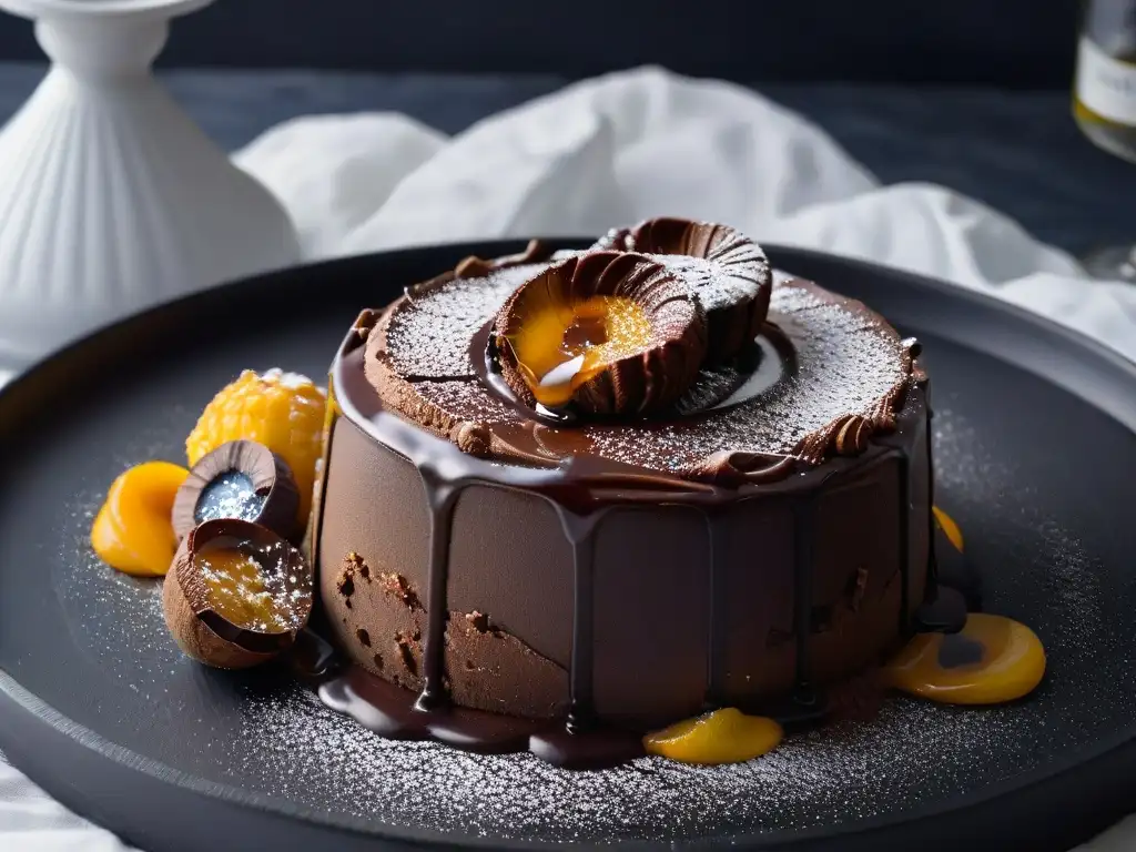 Delicioso lava cake con vinagre balsámico en elegante presentación