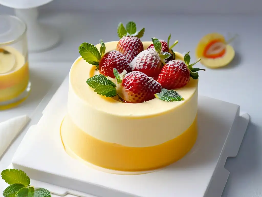 Delicioso mousse de mango con fresas y menta en copa de postre