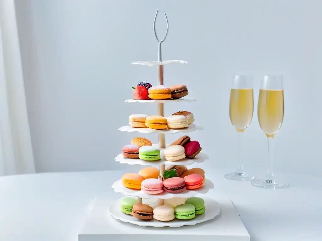 Delicioso maridaje postres bebidas repostería gourmet: torre de macarons y champagne en elegante presentación blanca