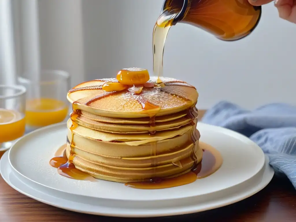 Delicioso drizzle de miel dorada sobre pancakes integrales recién horneados