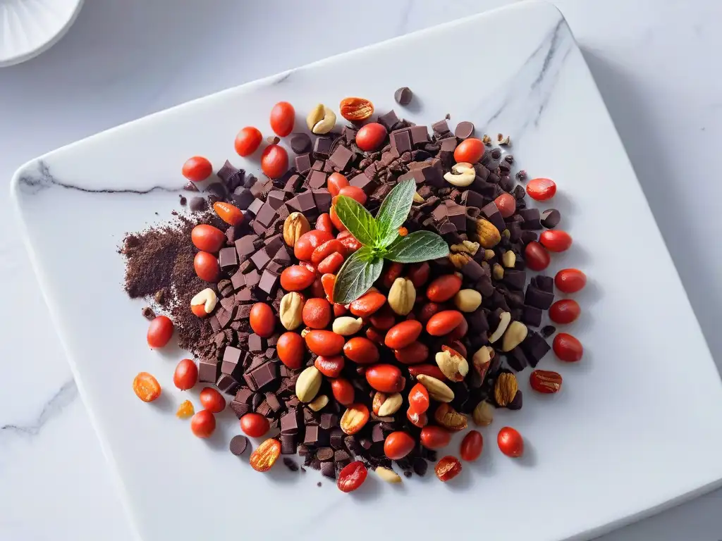 Delicioso montón de bayas de goji rojas rodeadas de chocolate, nueces y menta fresca en encimera de mármol blanco