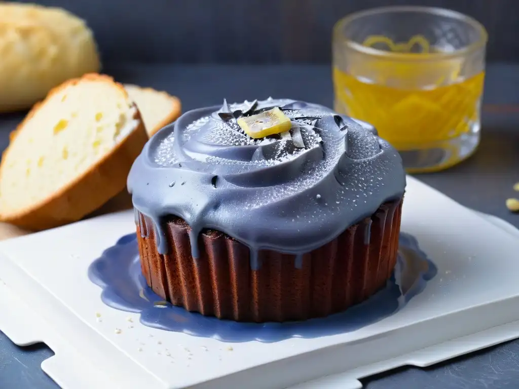 Delicioso muffin de maíz azul recién horneado con miel, sobre plato blanco moderno