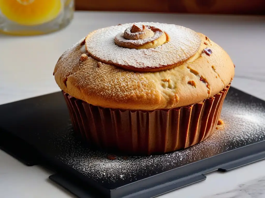 Delicioso muffin de goji recién horneado con azúcar glass en plato negro