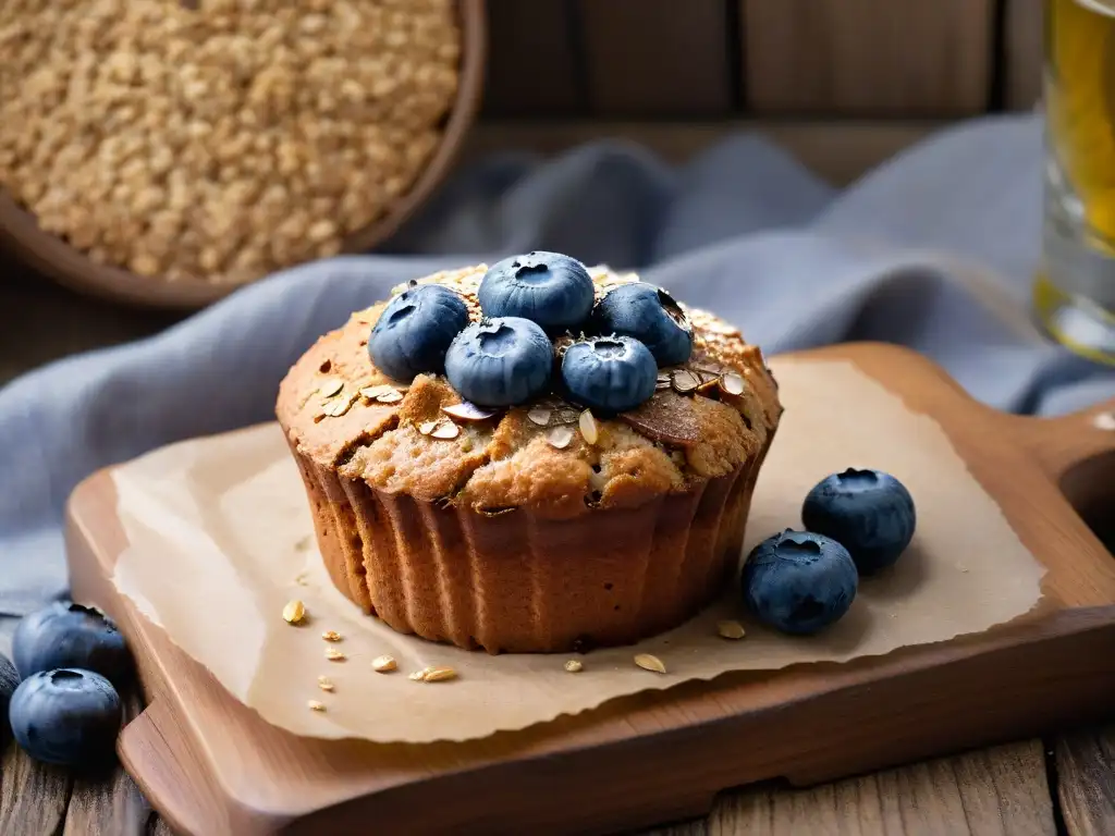 Delicioso muffin integral dorado con avena, semillas de lino y arándanos frescos en mesa rústica