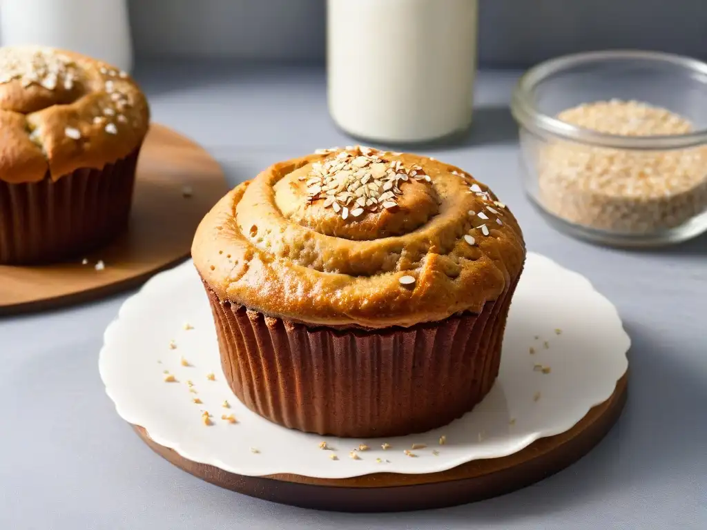 Delicioso muffin de lino dorado con semillas brillantes, resaltando los beneficios de las semillas de lino en repostería