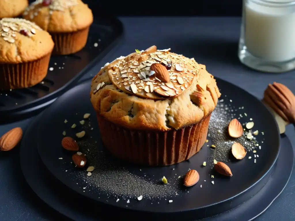 Delicioso muffin vegano de almendra y chía en primer plano Delicioso muffin vegano de almendra y semillas de chía con chispas de almendra