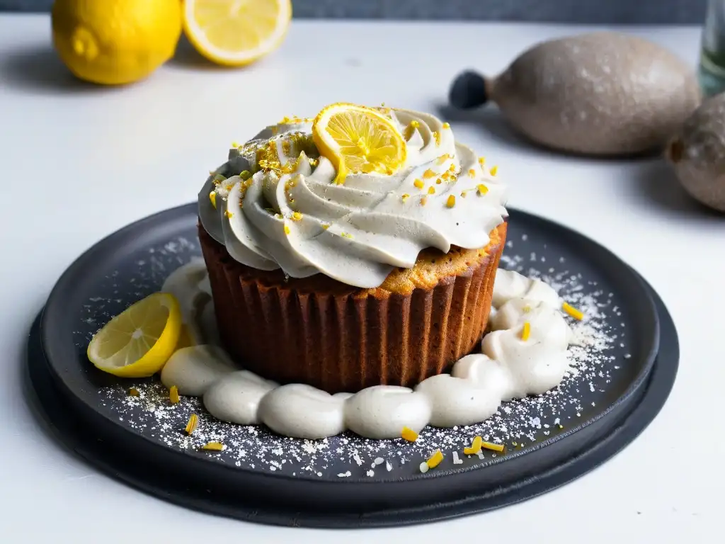 Delicioso muffin vegano de limón con crema de coco, decorado con ralladura de limón y semillas de amapola, sobre plato negro mate