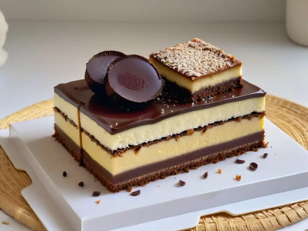 Un delicioso Nanaimo Bar sobre plato blanco, destacando sus tres capas y texturas