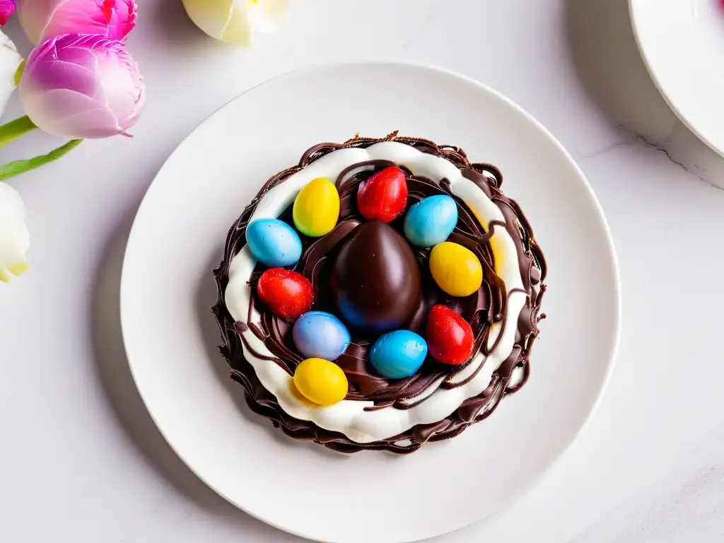 Delicioso nido de Pascua de chocolate oscuro con huevos de colores sobre plato blanco, fondo pastel