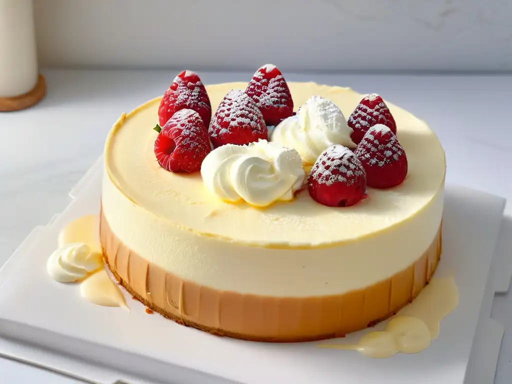 Delicioso Cheesecake Nueva York con crema batida, frambuesa y menta en plato de mármol blanco